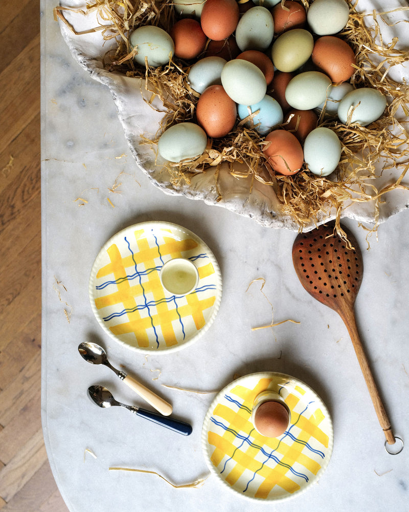 Egg Cup Plate, Yellow Tartan